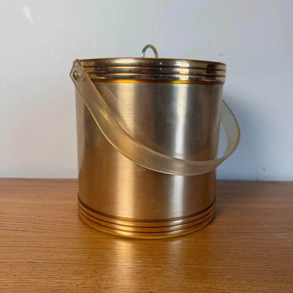 Vintage Mid Century Gold Brushed Metal Ice Bucket with Lid Tongs‎ Made in USA